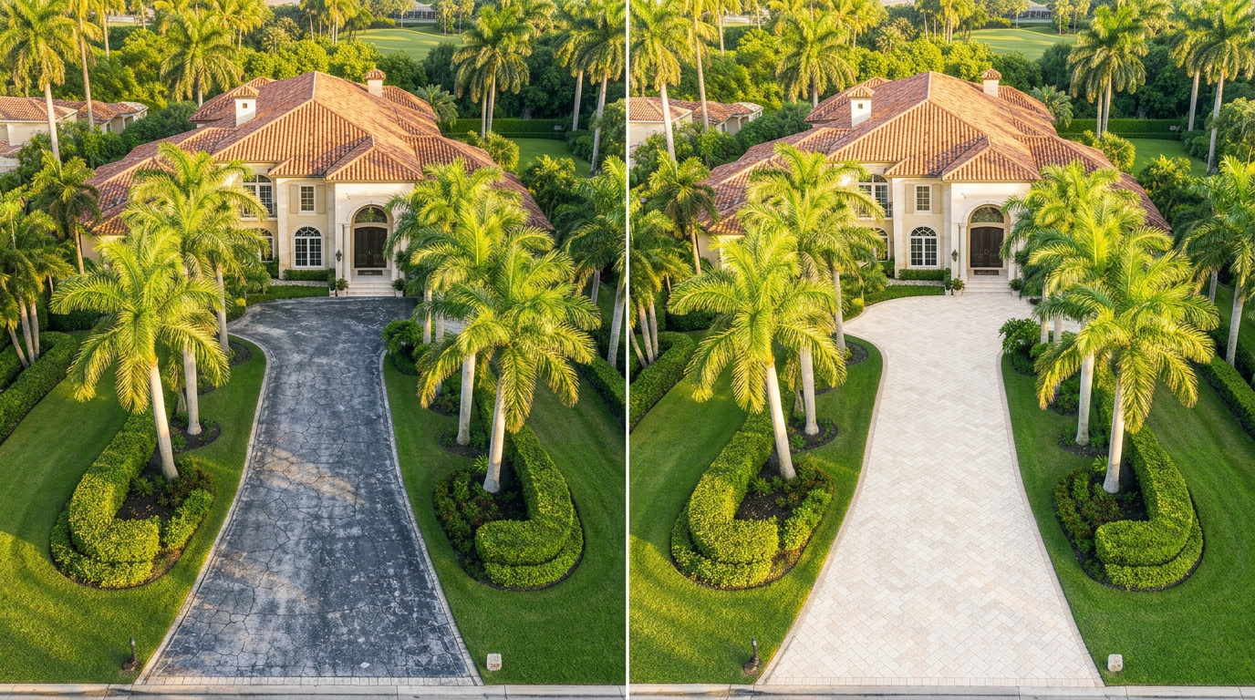 Before and after — cracked dark driveway transformed into cream travertine pavers at a Mediterranean estate